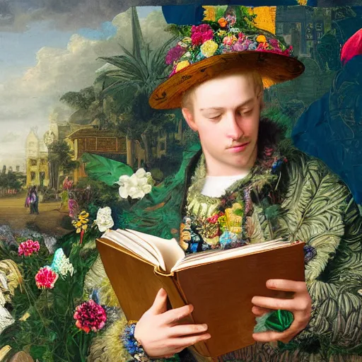 Prompt: HD 8x hyperdetailed collage portrait of a man with a maximalist hat made of plants, reading a book to a child. flamish baroque solarpunk elements. matte background.