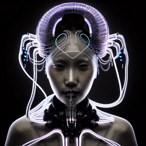 Prompt: half body portrait of an absurdly beautiful, graceful, sophisticated, fashionable asian cyberpunk mechanoid gravure idol, hyperdetailed illustration by irakli nadar, maria borges, matt wisniewski style, intricate linework, dark black skin, neon jellyfish headdress, carved bone ruff, unreal engine 5 highly rendered, global illumination, radiant light, detailed and intricate environment