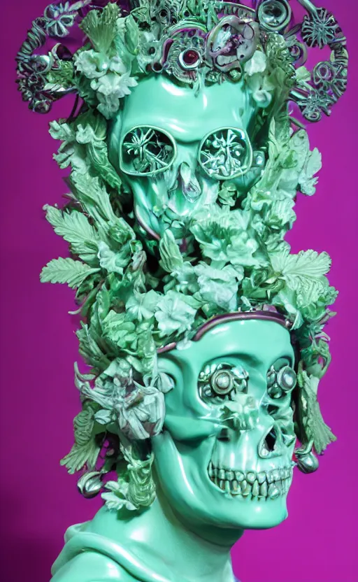 Image similar to a young handsome latino ceramic and pink iron-plated android prince with a large glowing mint crystal in the center of his chest, full-body bronze cyberpunk style statue of Andromeda with glowing green laser eyes, crown of mechanical chrysanthemums, flowing aqua silk, fabric, steampunk flowers. baroque elements, human skull. full-length view. baroque element. intricate artwork by caravaggio. many flying horses on background. Trending on artstation, octane render, cinematic lighting from the right, hyper realism, octane render, 8k, depth of field, 3D