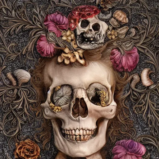 Image similar to a beautiful detailed front view rococo portrait of a rotten woman corpse becoming almost a skull with face muscles, veins, arteries, fractal plants and fractal flowers and mushrooms growing around, intricate, ornate, volumetric light, beautiful lit, beetlejuice