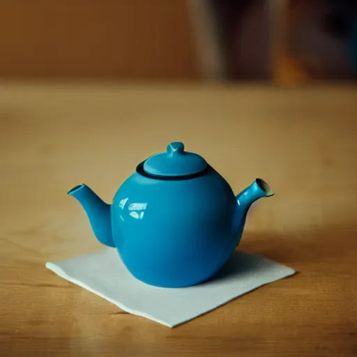 Prompt: kodak portra 800 photograph of a blue teapot on a table next to a cup of green matcha tea, peaceful photograph