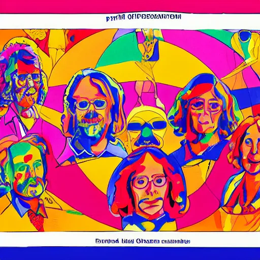 Image similar to a conference of psychedelic scientists / professors / researchers at the ohio state university in the style of peter max