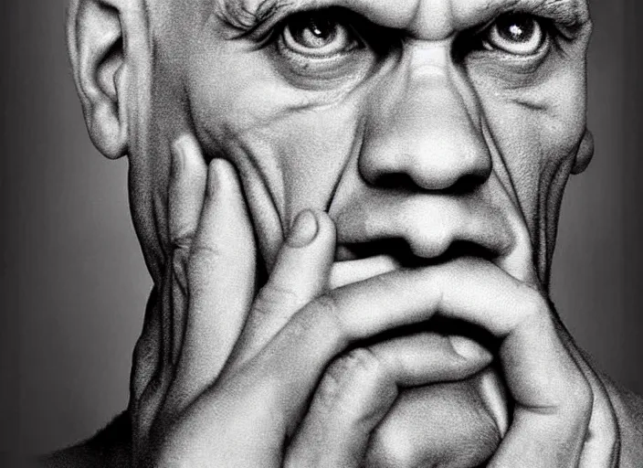 Prompt: beautiful photographs of prints of skinny nosed john malkovich pictures on a table, hyper realistic, variations of john malkovich with a small nose, right side profile, high quality photograph, mixed styles, intricate details, diverse colors, deep emotional impact