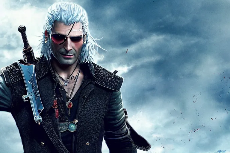 Image similar to vfx movie closeup suave handsome grinning vampire with long white hair, trench coat, dual wielding large revolvers, leaping into the air, low gravity in a shattered reality of new york city, cool aviators witcher devil may cry by emmanuel lubezki