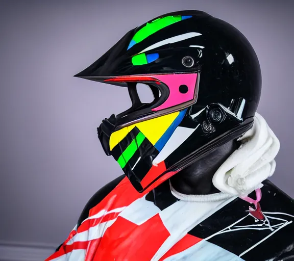 Prompt: beautifully lit photo of a black marble statue of a woman with colorful motocross branding and a black motorcycle helmet with closed visor, carved marble statue, symmetrical, fine art, michaelangelo, in the style of virgil abloh, offwhite, heron preston, denoise, ue 5, arnold, maya