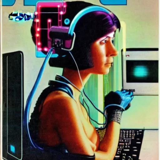 Image similar to cable plugged in, back of head, cyberpunk woman, computer, 1 9 7 9 omni magazine cover