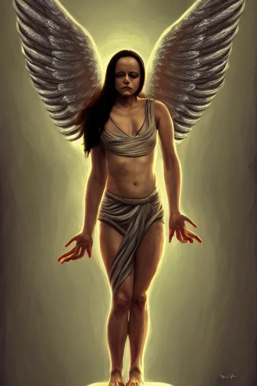 Prompt: Full body potrait of Christina Ricci as an angel doing yoga , angel is split in two with smoke, fantasy, intricate, elegant, highly detailed, digital painting, artstation, concept art, smooth, sharp focus, illustration, art by Ilja Repin