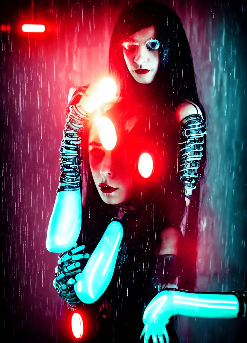 Image similar to woman, android, black hair, cyberpunk, artificial limbs, circuit, mechanisms, tattoos, neon lights, hard light, glamour, vogue photoshoot, fashion, lens flare, long dress, red dress, raindrops, rain, wet, wet hair, wet fabric, make - up, leaky make - up, red lipstick