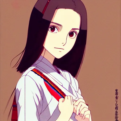 Image similar to a beautiful! boyish! natalie portman alluring gravure! model, wearing japanese school girl outfit with mayan pattern and native style, aztec street fashion, gapmoe yandere grimdark, trending on pixiv fanbox, painted by greg rutkowski makoto shinkai takashi takeuchi studio ghibli, akihiko yoshida