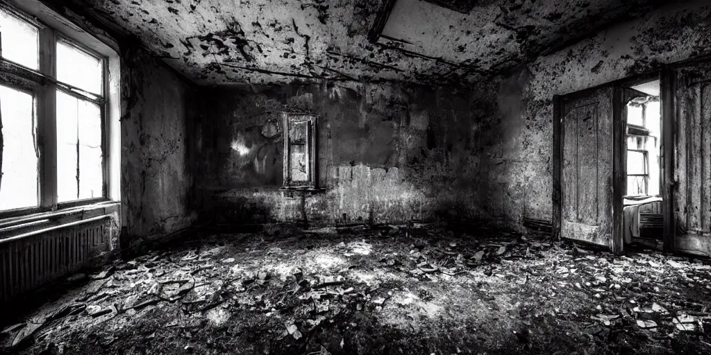 Image similar to a very dark room at night in a derelict house with one light, black and white, grungy