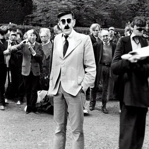 Prompt: 35mm photograph of Marcel Proust exiting a time machine in the middle of Luxembourg Gardens, Paris, 1973, in front of a stunned crowd