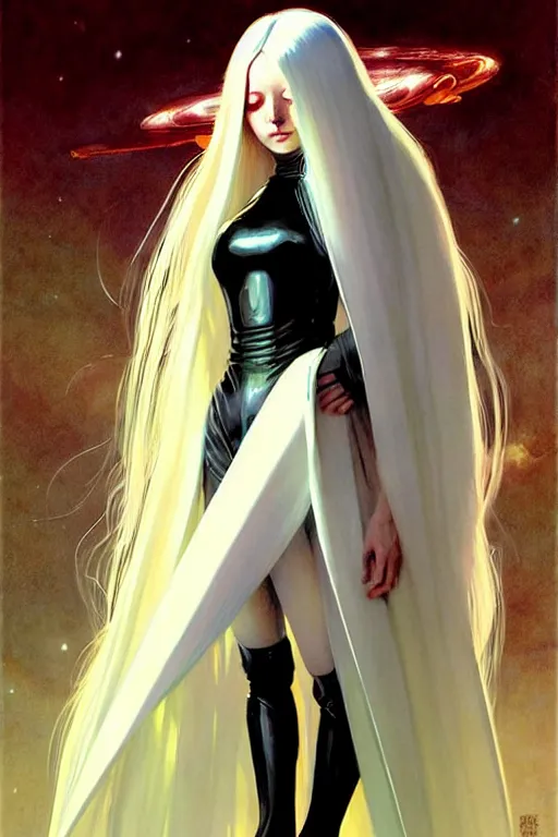 Image similar to pulp scifi fantasy illustration full body android girl, very long white hair, cape, futuristic design, crafting, diy, by norman rockwell, roberto ferri, daniel gerhartz, edd cartier, jack kirby, howard brown, ruan jia, tom lovell, jacob collins, dean cornwell, astounding stories, amazing, fantasy, other worlds