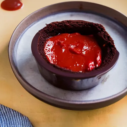 Image similar to a warm chocolate brownie in a bowl of vanilla ice cream and coated with tomato ketchup, studio lighting, recipe book photo