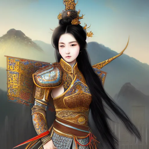 Image similar to portrait black hair young knights of Dynasty Warriors girl, rose golden color armor, in ruin chinese palace rooftop sunrise, ssci-fi and fantasy, intricate and very beautiful and elegant, highly detailed, digital painting, soft light, artstation, concept art, smooth and sharp focus, illustration, art by tian zi and WLOP and alphonse mucha