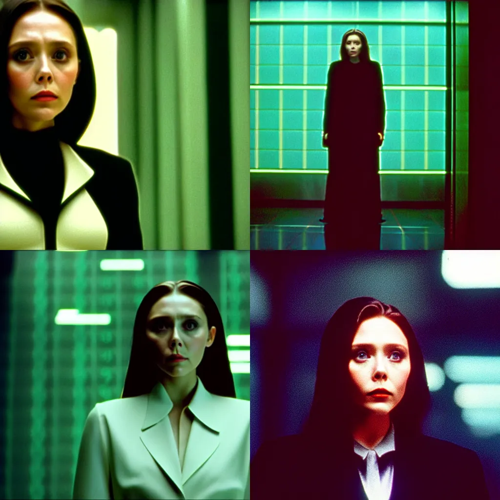 Prompt: a still of elizabeth olsen in matrix, cinestill 8 0 0 t, cinematic shot