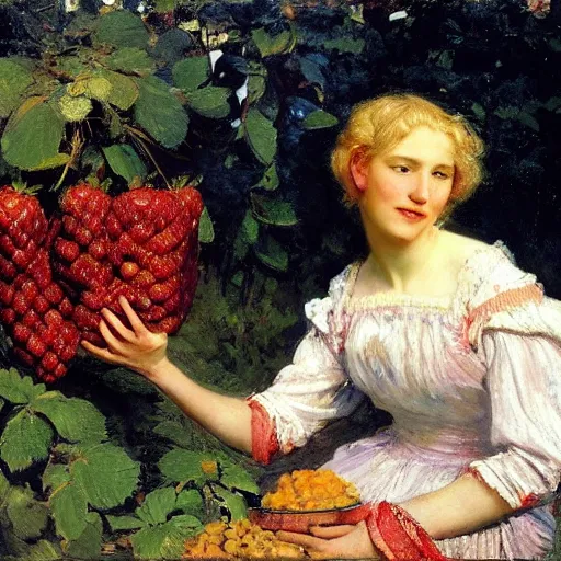 Prompt: A beautiful Blonde Woman with Locks selling strawberries in the style of Jean-Joseph Benjamin-Constant, Portrait