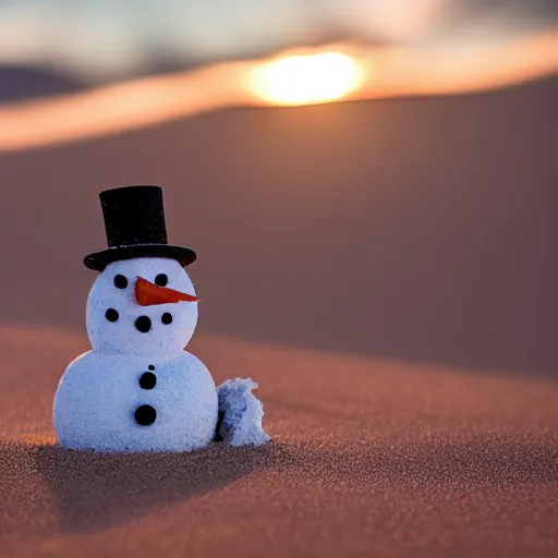 Image similar to a snowman is lost in the desert at sunset, he’s next to a sandman made of sand, beautiful photography, 8k, ambient light