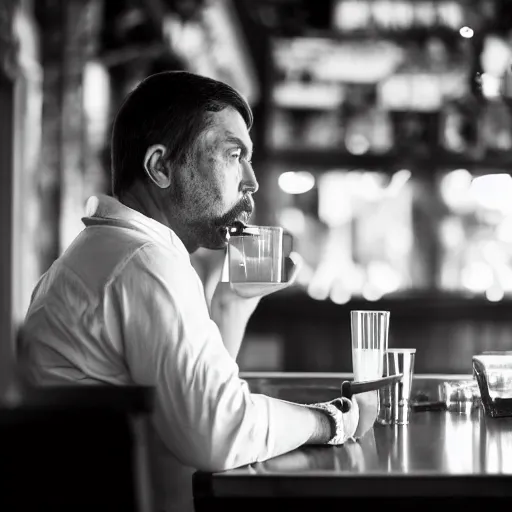 Image similar to A man sitting in a bar staring off into his drink while he ponders about life, 50mm Sigma lens