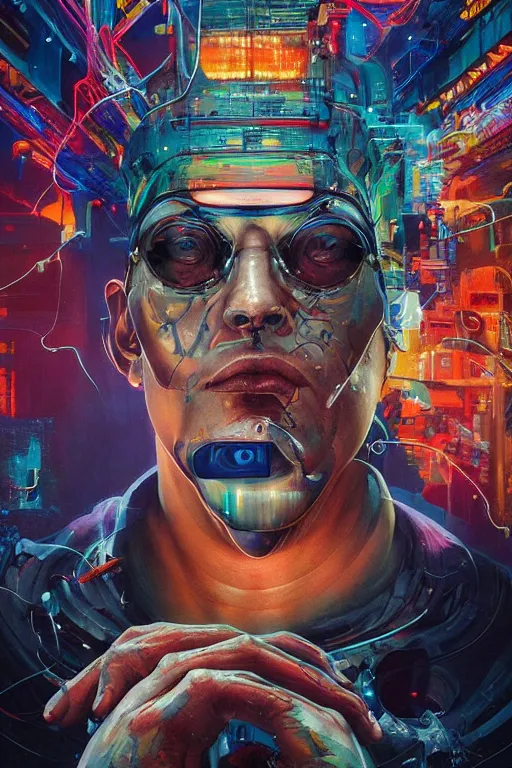 Prompt: portrait of computer & circuits, melting, jotaro kujo, 8 k, by tristan eaton, stanley artgermm, tom bagshaw, greg rutkowski, carne griffiths, ayami kojima, beksinski, giger, trending on deviantart, face enhance, hyper detailed, minimalist, cybernetic, android, blade runner, full of colour, super detailed