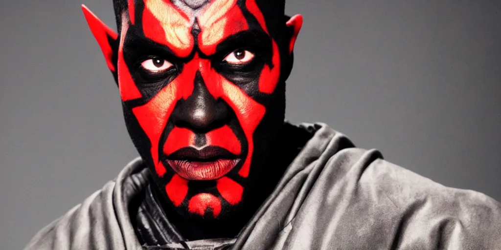 Image similar to a film still of a black man starring in a blockbuster film as darth maul from star wars, shallow depth of field, cinematic, award winning cgi, vfx, film still