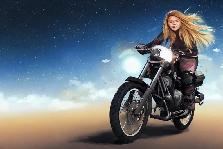 Image similar to chloe grace moretz is riding a motorbike, digital painting, artstation, the space background, concept art, illustration,