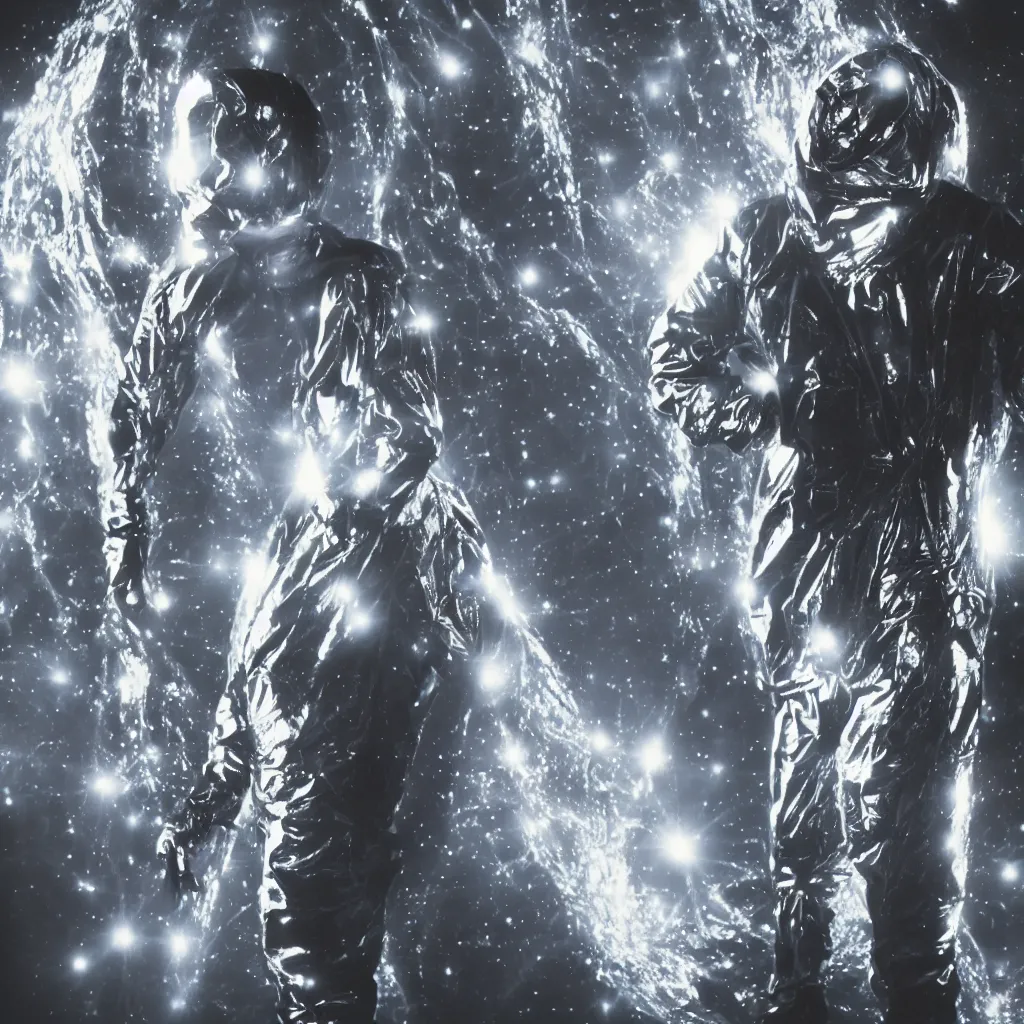 Prompt: 1 9 8 0 s sci - fi portrait photo, an elderly woman wearing a dramatic silver foil and rubber hose spacesuit costume standing on a dark and mysterious alien planet, atmospheric fog, light beams, 4 k