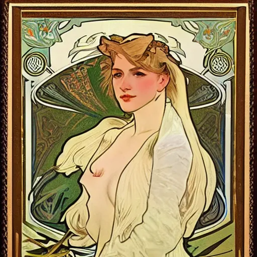 Image similar to A blonde horsewoman by Alphonse Mucha