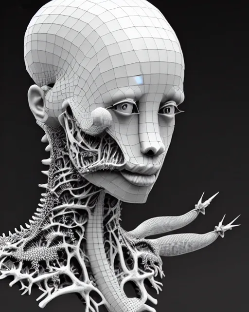 Image similar to a black and white 3D render of a young beautiful female queen-dragon-cyborg bust with a very long neck and Mandelbrot fractal face, Mandelbrot fractal skin, flesh, anatomical, facial muscles, veins, arteries, elegant, highly detailed, flesh highly baroque ornate, hair are cable wires, elegant, high fashion, rim light, octane render, in the style of H.R. Giger, Realistic, Refined, Digital Art, Highly Detailed, Cinematic Lighting, rim light, black and white, photo-realistic, 8K