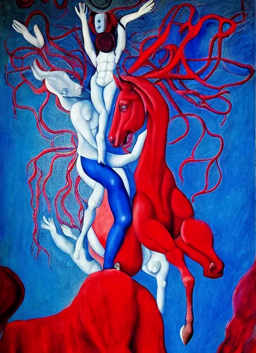 Prompt: only with blue, ney motogrosso in love with a red stallion, too many hands in all directions, in hoc signo vinces, waterfall, in the style of leonora carrington, gottfried helnwein, raqib shaw, chiaroscuro intricate composition, blue light by caravaggio, insanely quality, highly detailed, masterpiece, red light, artstation