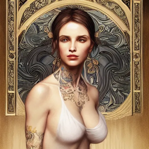 Image similar to ultra realistic illustration, a hot and beautiful tattooed blonde slavic woman in her 3 0's, intricate, elegant, highly detailed, digital painting, artstation, concept art, smooth, sharp focus, illustration, art by artgerm and greg rutkowski and alphonse mucha