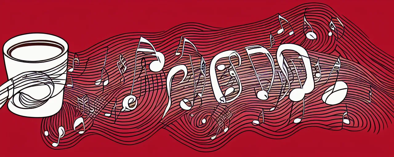 Prompt: coffee and music, line art, vector, logo, simple, red and white,