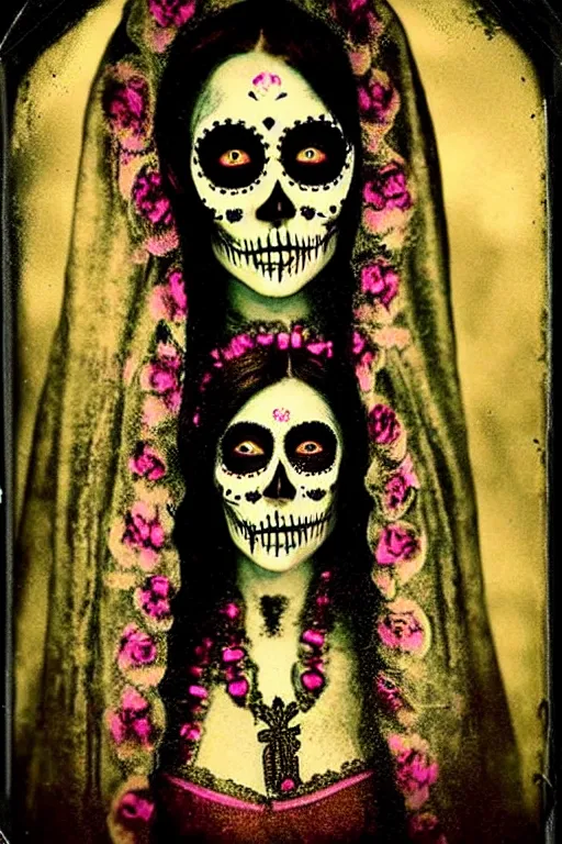 Image similar to tintype virgin mary in dia de muertos dress and make up, horrific beautiful vibe, evocative, atmospheric lighting, painted, intricate, highly detailed,