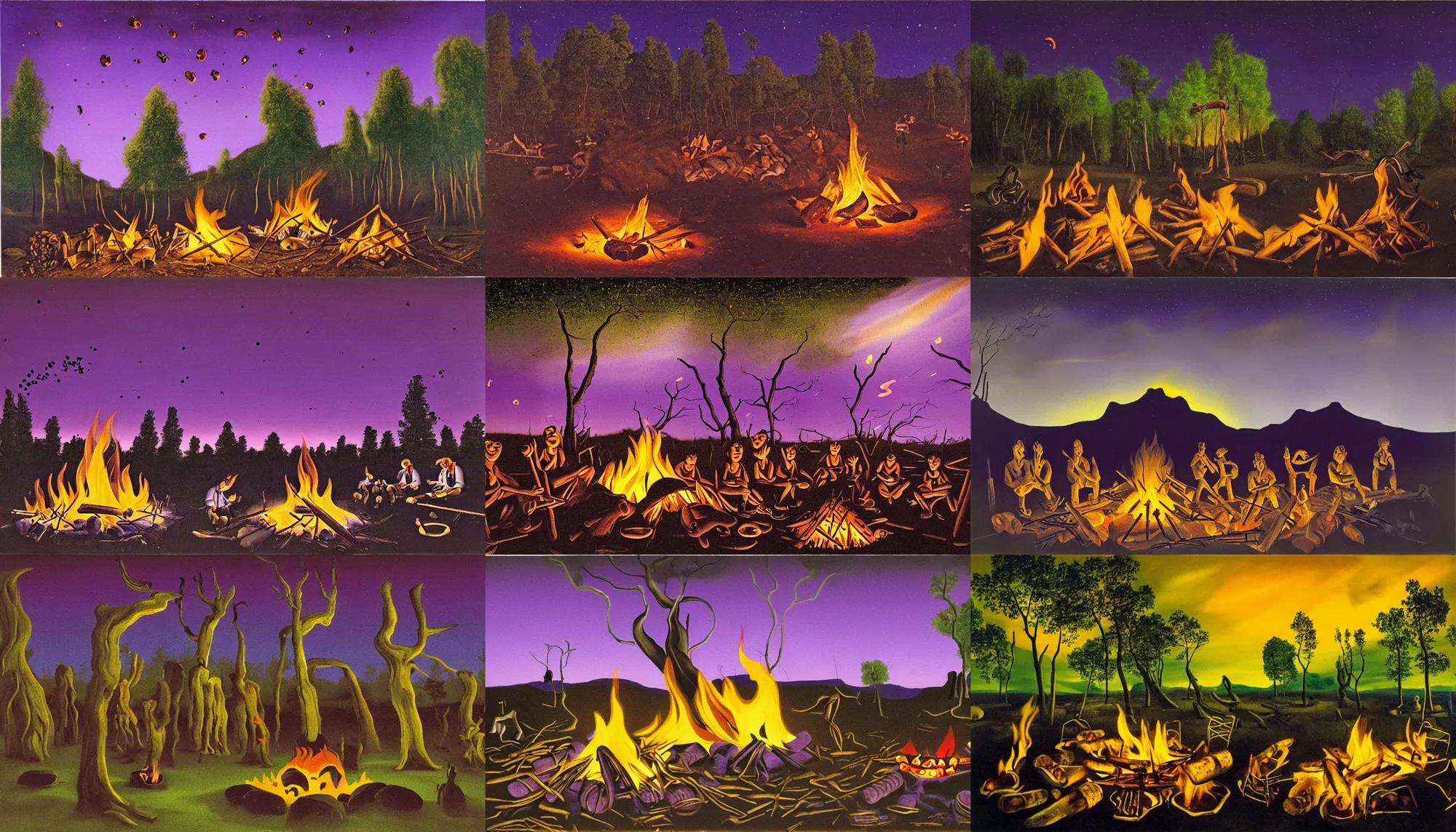 Prompt: a sole campfire in a dark desolate forest at night, with some sausages on the fire, purple fireflies in the background, medium shot, masterpiece, art by salvador dali