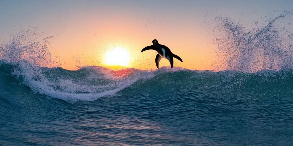 Prompt: penguin surfing a wave at the sunrise