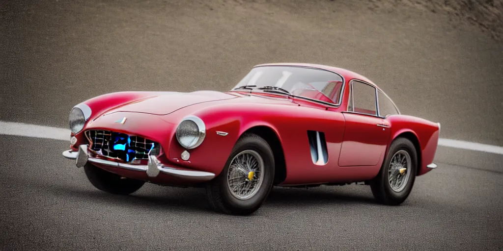 Prompt: photograph, 1958 FERRARI 250 GT, cinematic, PCH, no logo, california coast, 8k, depth of field, bokeh.