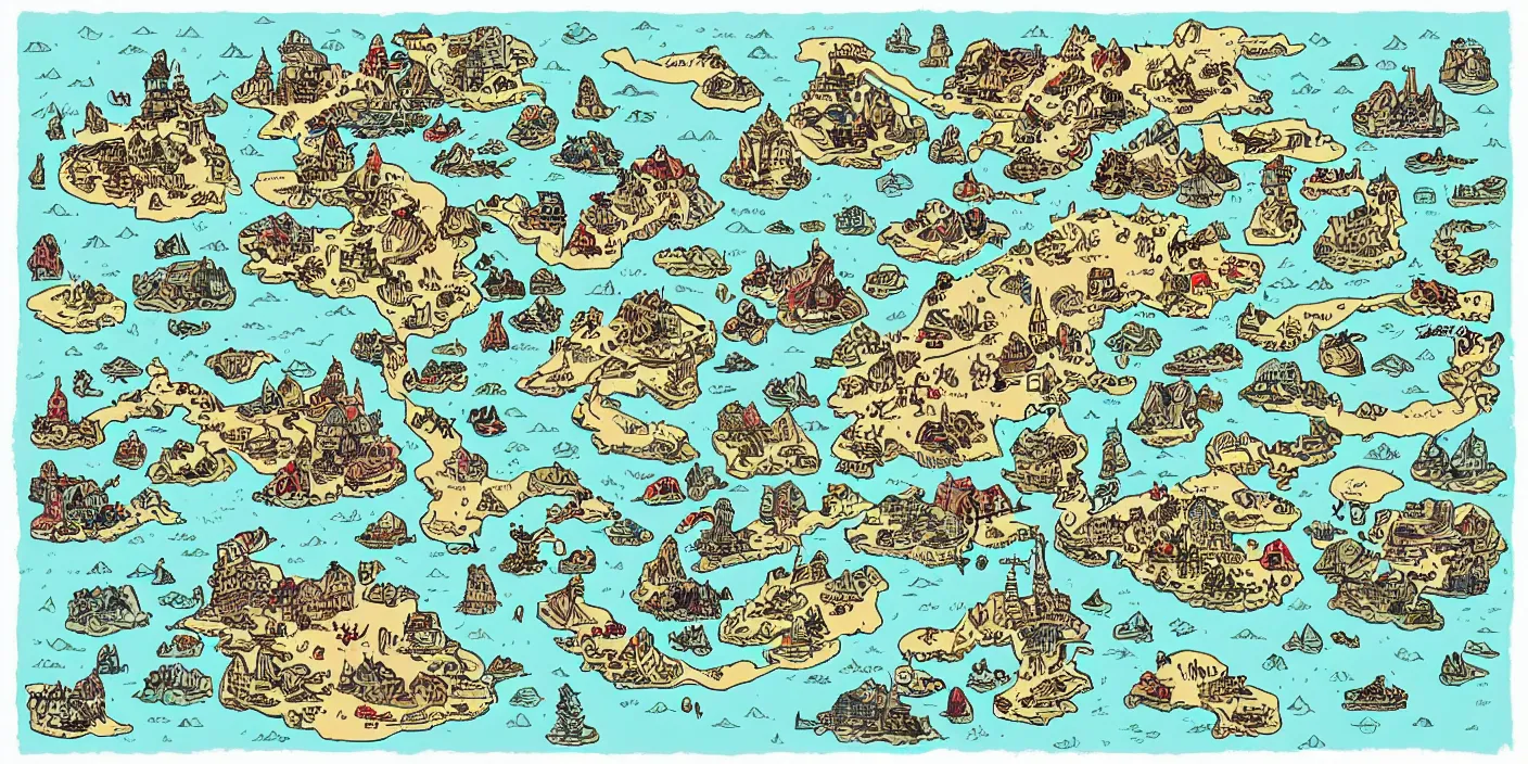 Prompt: a rpg map with regions in separated colors surrounded by ocean detailed, flat colors and strokes illustrated by Mattias Adolfsson