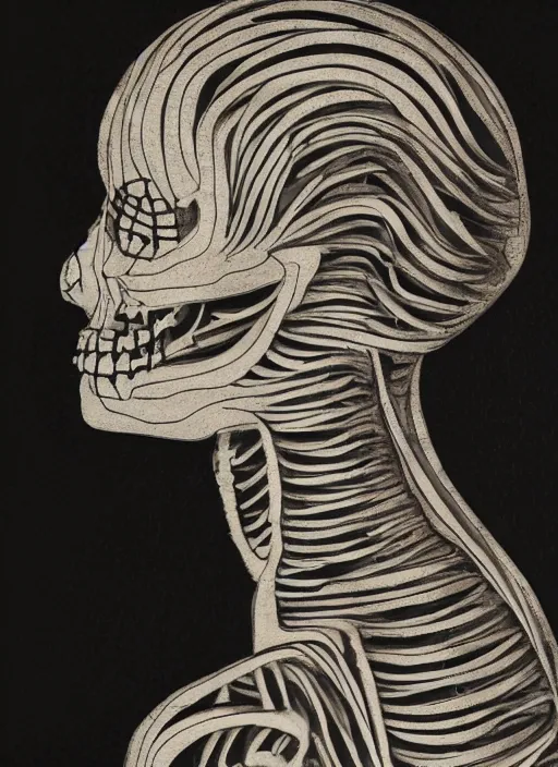 Image similar to a woman's face in profile, made of calligraphy skeleton, in the style of the Dutch masters and Gregory Crewdson, dark and moody