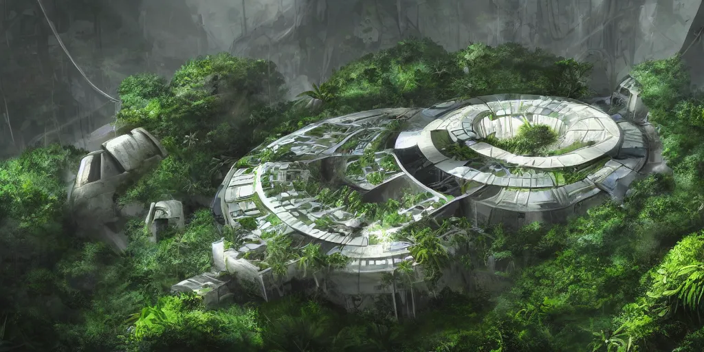 Image similar to small futuristic maximum security prison on a hill in jungle. It is surrounded by poor slums below, tropical climate, award winning, video game concept art, scifi, rural dystopian, UE5