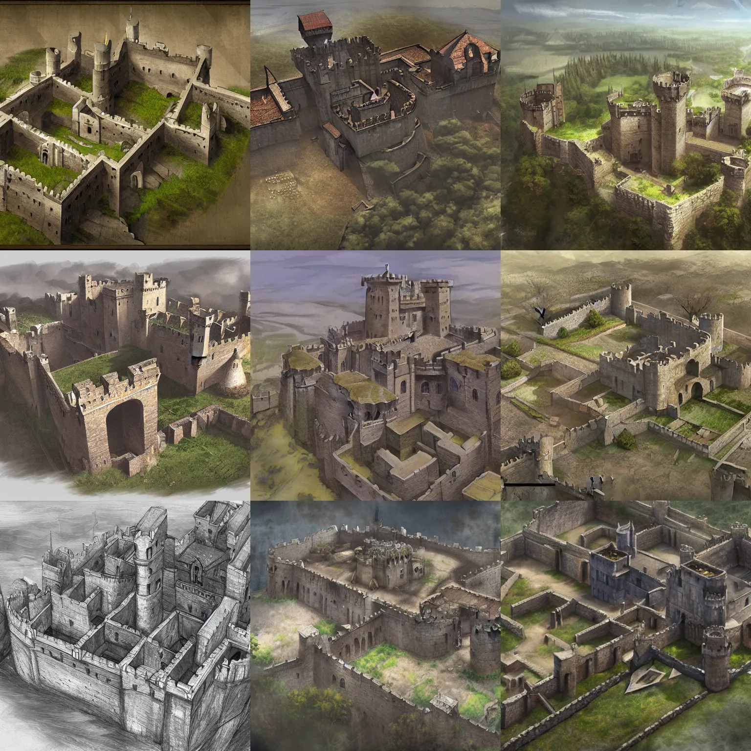 Prompt: inner ward of a medieval castle, viewed from bird's-eye, concept art, key visual, very detailed, realistic, digital art