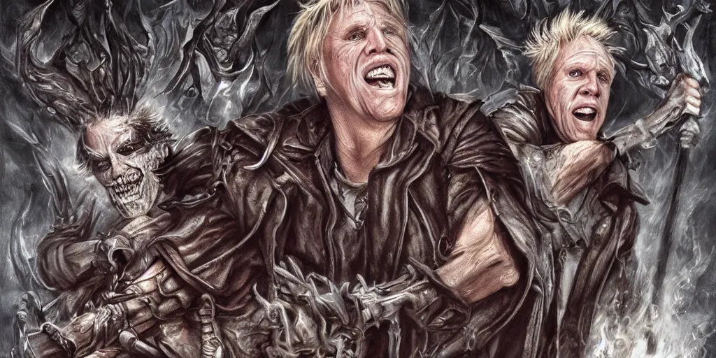 Image similar to Gary Busey as a powerful necromancer, fantasy art, extremely detailed, high quality,