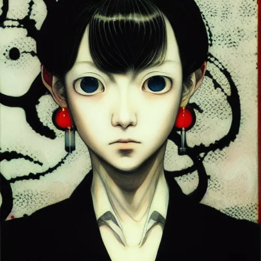 Image similar to yoshitaka amano blurred and dreamy realistic three quarter angle horror portrait of a sinister young woman with short hair, big earrings and white eyes wearing office suit with tie, black and white junji ito abstract patterns in the background, satoshi kon anime, noisy film grain effect, highly detailed, renaissance oil painting, weird portrait angle, blurred lost edges