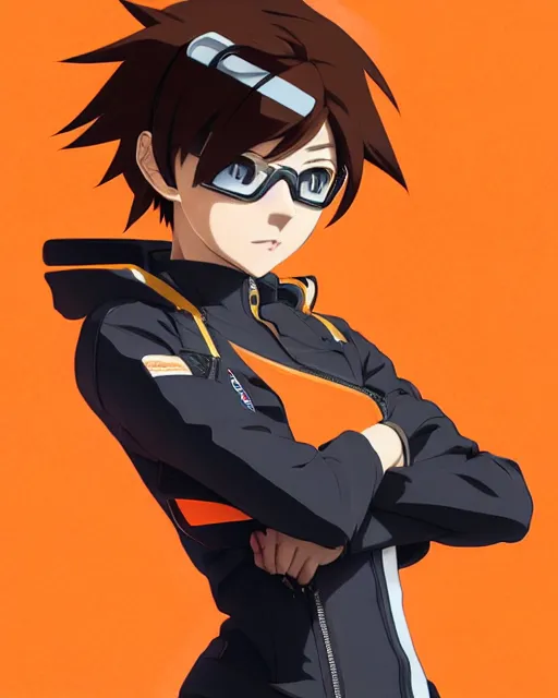 Image similar to Anime as Tracer Overwatch wearing brown leather coat; in orange-tinted snowboard mask || cute-fine-face, pretty face, realistic shaded Perfect face, fine details. Anime. realistic shaded lighting poster by Ilya Kuvshinov katsuhiro otomo ghost-in-the-shell, magali villeneuve, artgerm, Jeremy Lipkin and Michael Garmash and Rob Rey as Overwatch Tracer cute smile