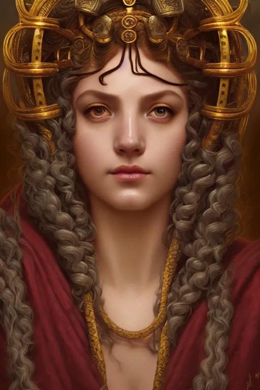 Prompt: a portrait of Medusa in a temple, illustration, soft lighting, soft details, painting oil on canvas by Edmund Blair Leighton and Charlie Bowater octane render trending on artstation d&d characters, 4k, 8k, HD