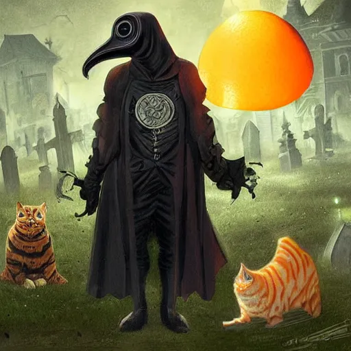 Prompt: a plague doctor with techno armor with rgb lights holding a bengal cat and an orange tabby cat in a graveyard, scary, spooky, by greg rutkowski
