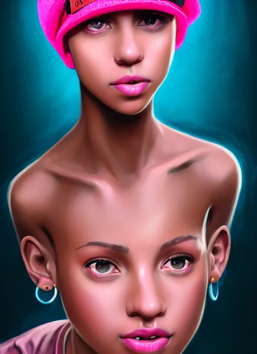 Image similar to portrait of teenage vanessa morgan with bright pink hair, black girl, curly pixie cut hair, wearing newsboy cap, pink short haircut, newsboy cap, hoop earrings, blue eyes, intricate, elegant, glowing lights, highly detailed, digital painting, artstation, concept art, smooth, sharp focus, illustration, art by wlop, mars ravelo and greg rutkowski