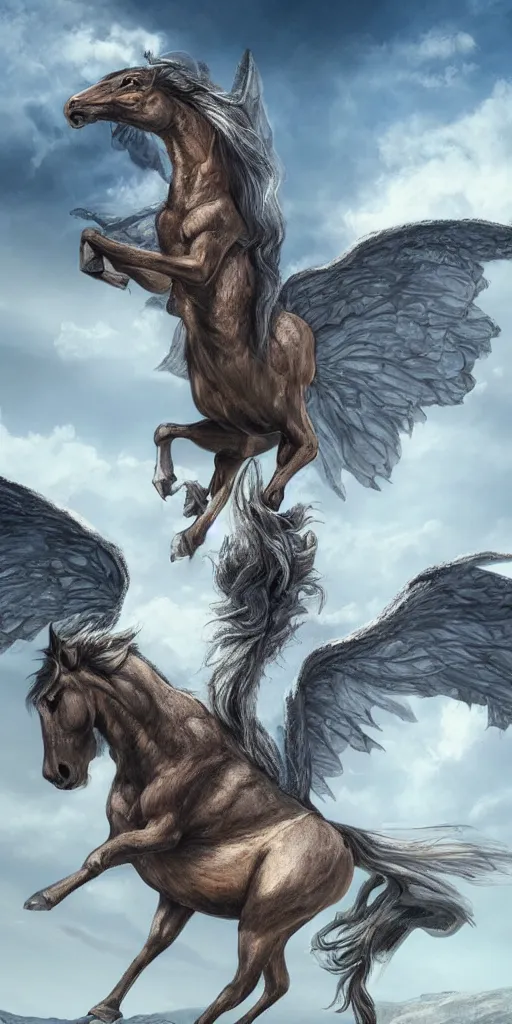 Prompt: a winged horse standing on mountaintop, wings spreading, flowing mane, d&d, hyper realistic, fantasy, illustration