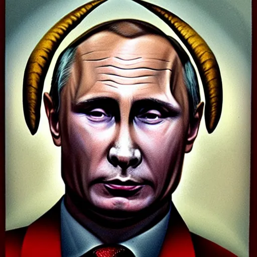 Prompt: portrait of vladimir putin in the form of a devil, with goat horns, red skin and a look of fear on his face