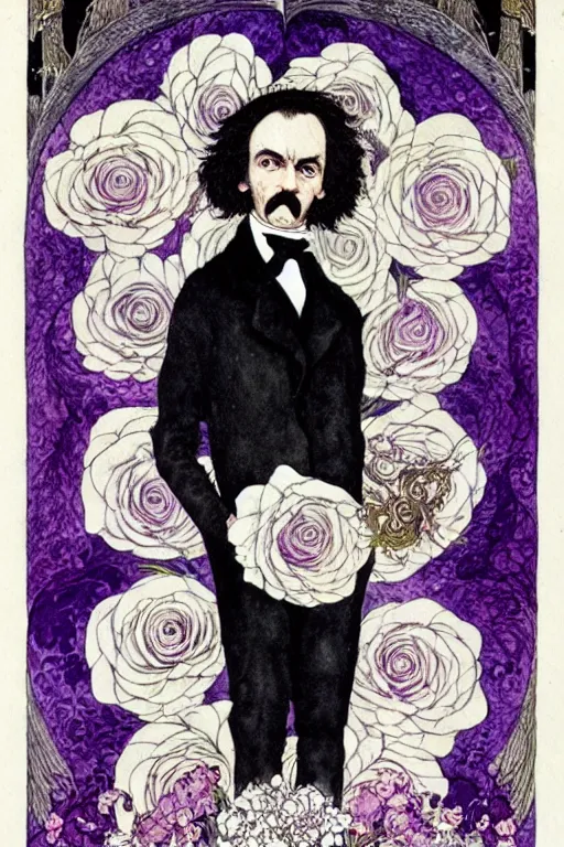 Image similar to realistic portrait of edgar allen poe in the center of an ornate white purple rose flower frame with black wings, detailed art by kay nielsen and walter crane, illustration style, watercolor