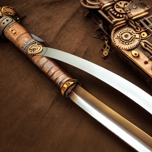 Image similar to product photography of a steampunk sword