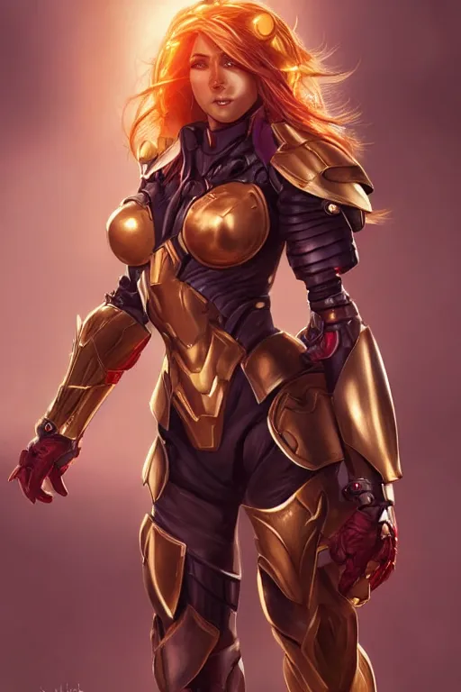 Prompt: Picture of Female Paladin, bulky armor, metallic red, golden hair, dark brown skin, becautiful face, pin-up poster girl, side angle, shaped derriere focus, by wlop, artgerm and genzoman, painting, HD